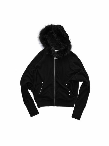 Rivet Fur Collar Bat Sleeve Hooded Sweatshirt Drawstring Bootcut Casual Pants Set【s0000015500】