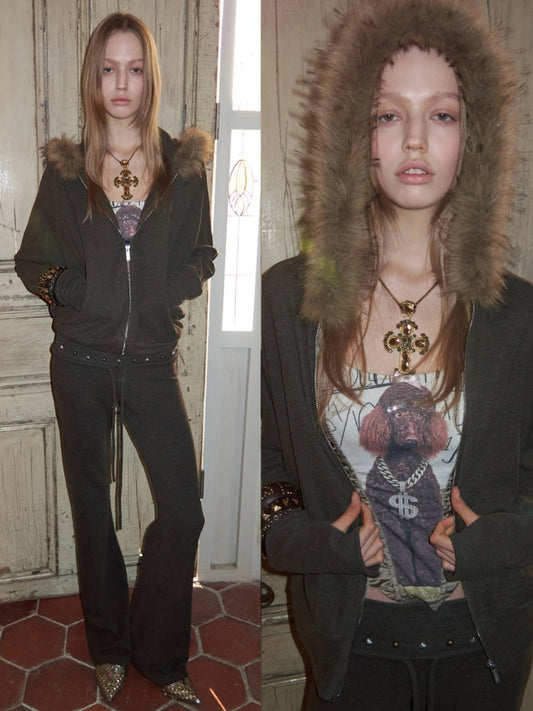 Rivet Fur Collar Bat Sleeve Hooded Sweatshirt Drawstring Bootcut Casual Pants Set【s0000015500】