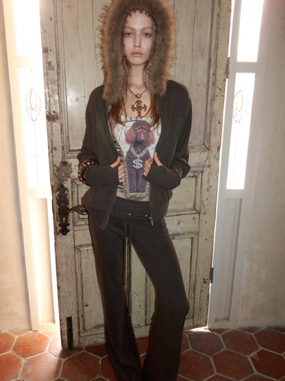 Rivet Fur Collar Bat Sleeve Hooded Sweatshirt Drawstring Bootcut Casual Pants Set【s0000015500】