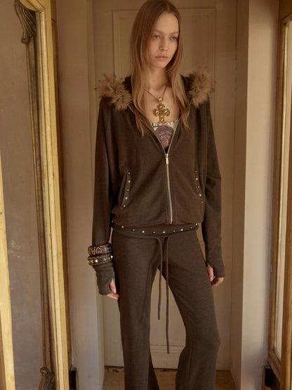 Rivet Fur Collar Bat Sleeve Hooded Sweatshirt Drawstring Bootcut Casual Pants Set【s0000015500】