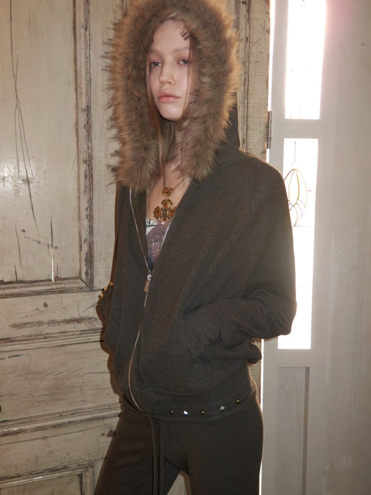 Rivet Fur Collar Bat Sleeve Hooded Sweatshirt Drawstring Bootcut Casual Pants Set【s0000015500】