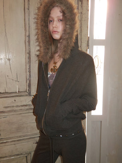 Rivet Fur Collar Bat Sleeve Hooded Sweatshirt Drawstring Bootcut Casual Pants Set【s0000015500】