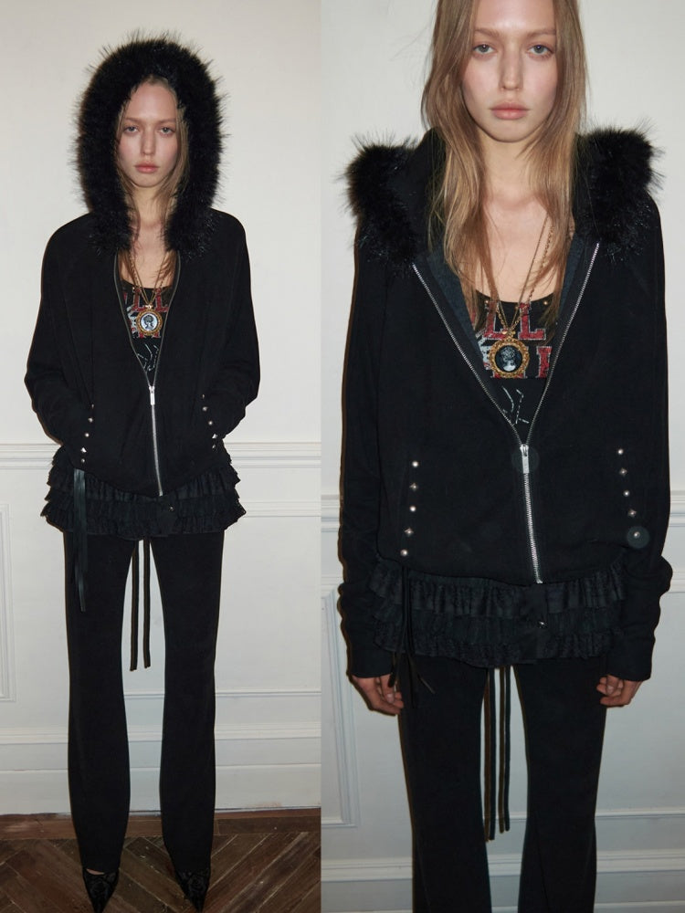Rivet Fur Collar Bat Sleeve Hooded Sweatshirt Drawstring Bootcut Casual Pants Set【s0000015500】