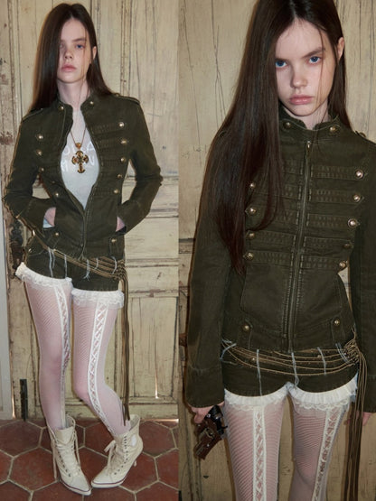 Court Napoleon Double-Breasted Distressed Canvas Jacket【s0000015501】