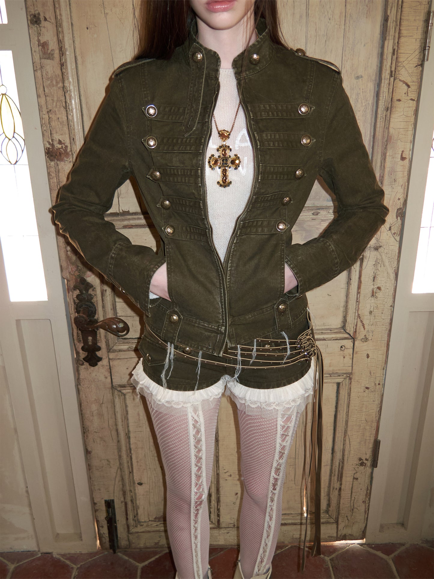 Court Napoleon Double-Breasted Distressed Canvas Jacket【s0000015501】