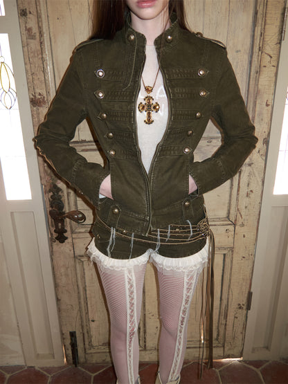 Court Napoleon Double-Breasted Distressed Canvas Jacket【s0000015501】