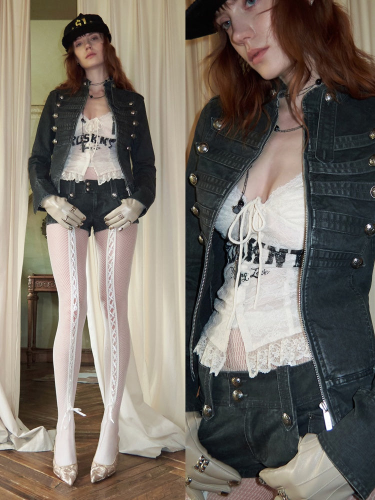 Court Napoleon Double-Breasted Distressed Canvas Jacket【s0000015501】
