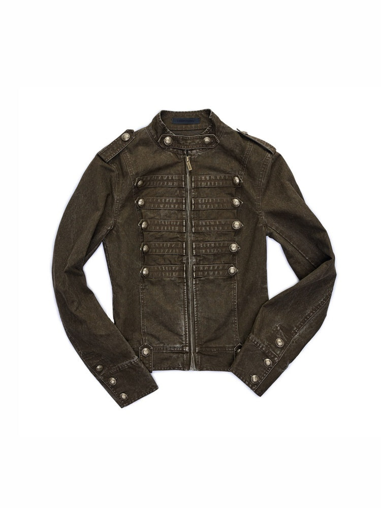 Court Napoleon Double-Breasted Distressed Canvas Jacket【s0000015501】