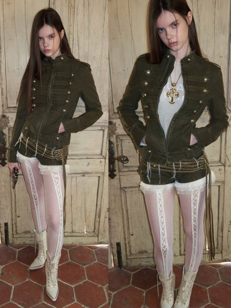 Court Napoleon Double-Breasted Distressed Canvas Jacket【s0000015501】