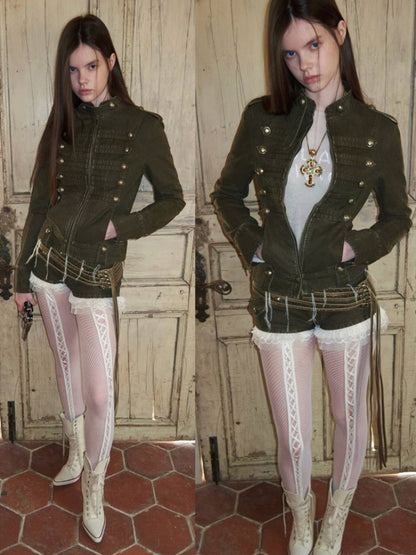 Court Napoleon Double-Breasted Distressed Canvas Jacket【s0000015501】