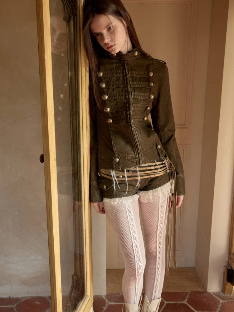 Court Napoleon Double-Breasted Distressed Canvas Jacket【s0000015501】