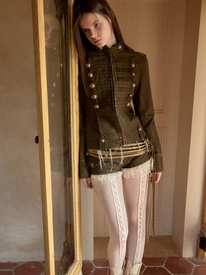 Court Napoleon Double-Breasted Distressed Canvas Jacket【s0000015501】