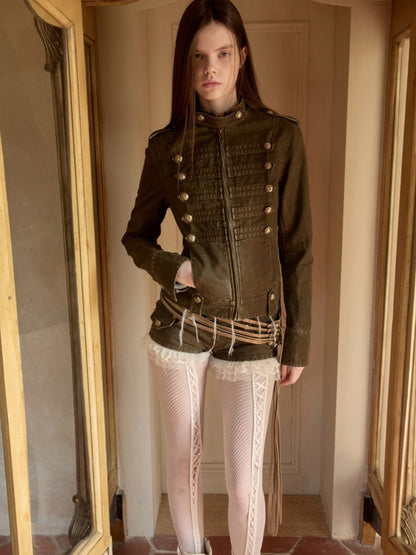 Court Napoleon Double-Breasted Distressed Canvas Jacket【s0000015501】