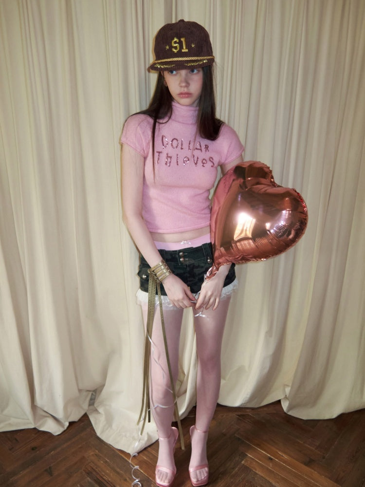 Mohair Beaded Embroidered Small Turtle-Neck Knitted Short-Sleeved Sweater【s0000015502】