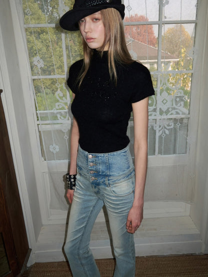 Mohair Beaded Embroidered Small Turtle-Neck Knitted Short-Sleeved Sweater【s0000015502】