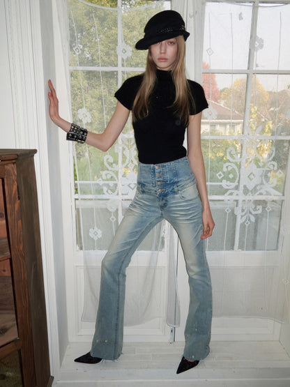 Mohair Beaded Embroidered Small Turtle-Neck Knitted Short-Sleeved Sweater【s0000015502】