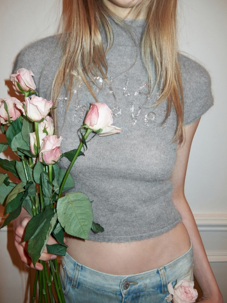 Mohair Beaded Embroidered Small Turtle-Neck Knitted Short-Sleeved Sweater【s0000015502】