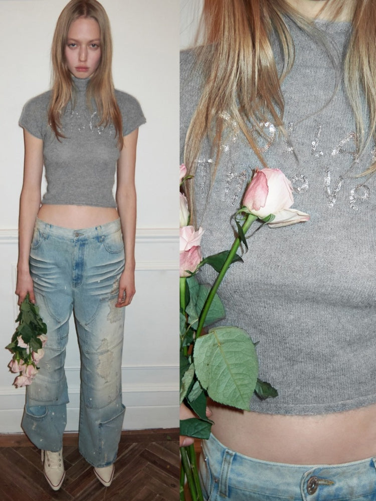 Mohair Beaded Embroidered Small Turtle-Neck Knitted Short-Sleeved Sweater【s0000015502】