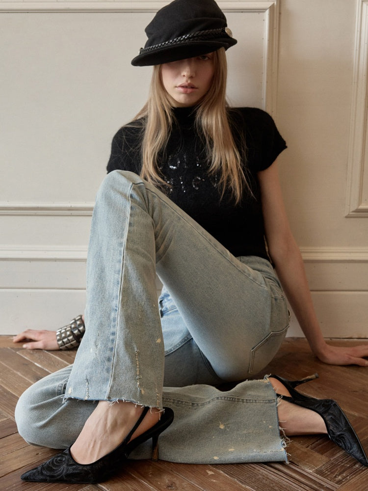 Mohair Beaded Embroidered Small Turtle-Neck Knitted Short-Sleeved Sweater【s0000015502】