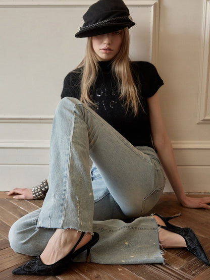 Mohair Beaded Embroidered Small Turtle-Neck Knitted Short-Sleeved Sweater【s0000015502】