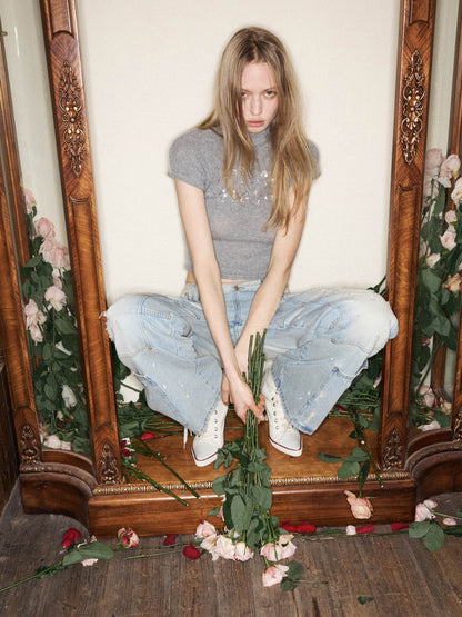 Mohair Beaded Embroidered Small Turtle-Neck Knitted Short-Sleeved Sweater【s0000015502】