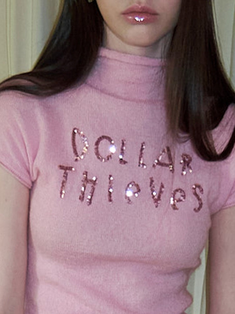 Mohair Beaded Embroidered Small Turtle-Neck Knitted Short-Sleeved Sweater【s0000015502】
