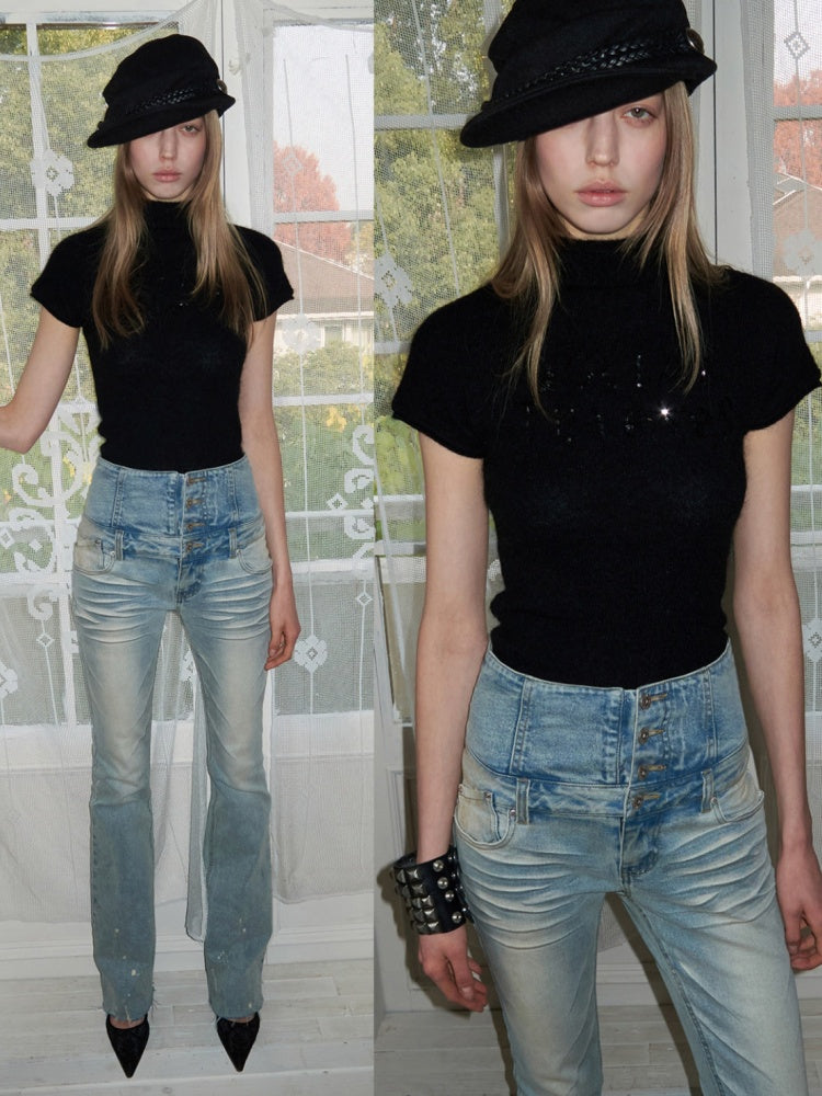 Mohair Beaded Embroidered Small Turtle-Neck Knitted Short-Sleeved Sweater【s0000015502】