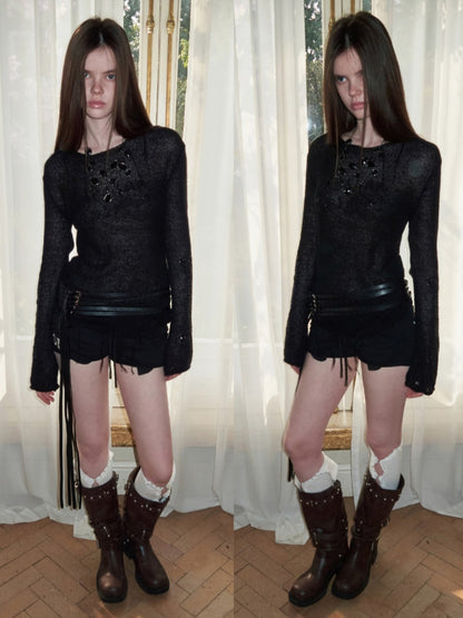 Mohair Beaded Embroidered Slightly Sheer Blouse【s0000015503】