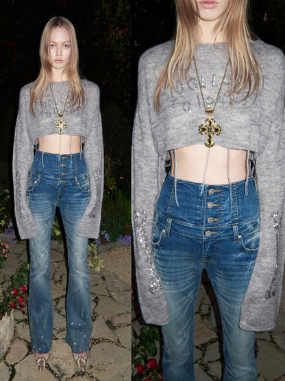 Mohair Beaded Embroidered Slightly Sheer Blouse【s0000015503】