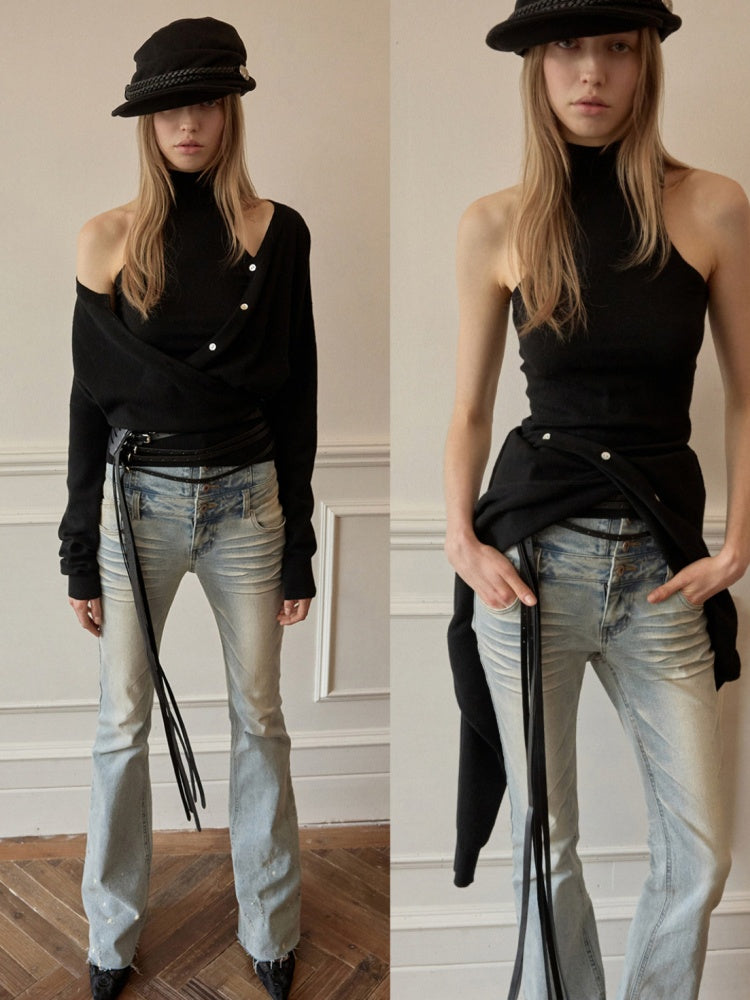 Fake Two-Piece Patchwork Lazy Little Turtle-Neck Vest Cardigan【s0000015504】