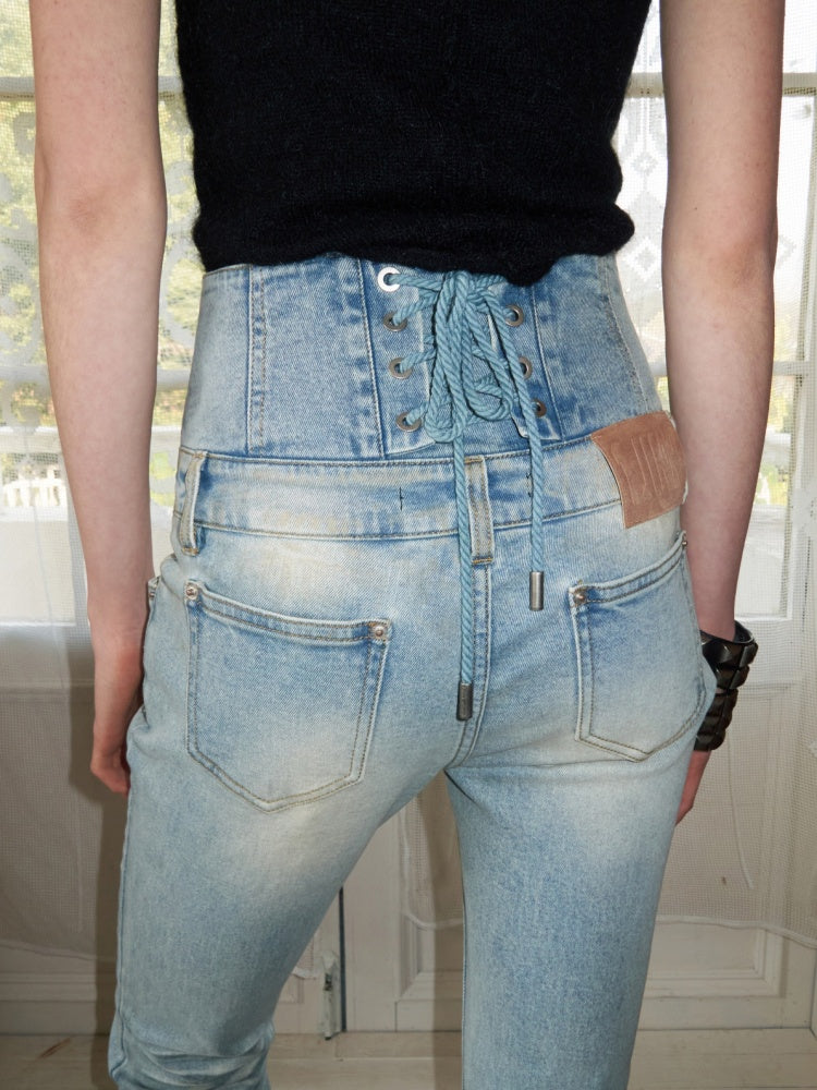 Retro Washed High-Waisted Waist Seal Irregular Brushed Bootcut Jeans【s0000015505】