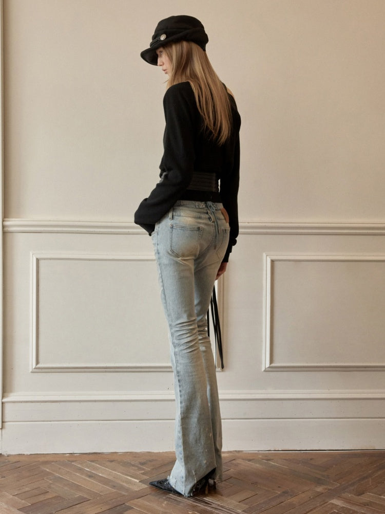 Retro Washed High-Waisted Waist Seal Irregular Brushed Bootcut Jeans【s0000015505】