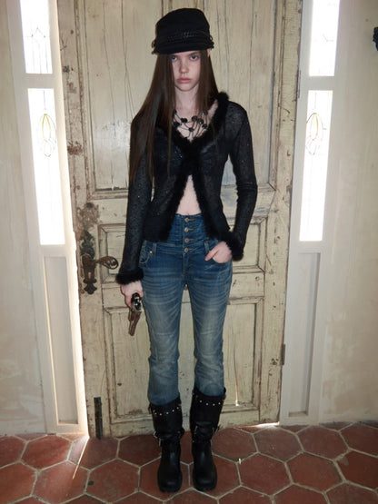 Retro Washed High-Waisted Waist Seal Irregular Brushed Bootcut Jeans【s0000015505】