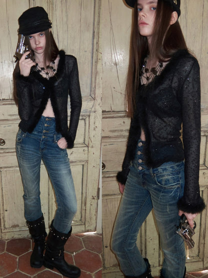 Retro Washed High-Waisted Waist Seal Irregular Brushed Bootcut Jeans【s0000015505】