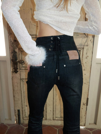 Retro Washed High-Waisted Waist Seal Irregular Brushed Bootcut Jeans【s0000015505】