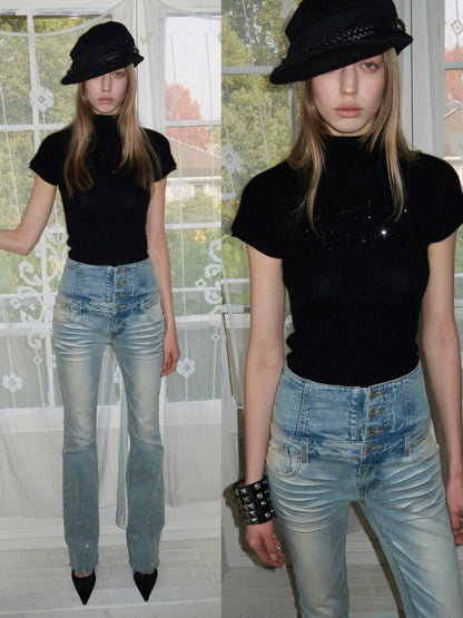 Retro Washed High-Waisted Waist Seal Irregular Brushed Bootcut Jeans【s0000015505】