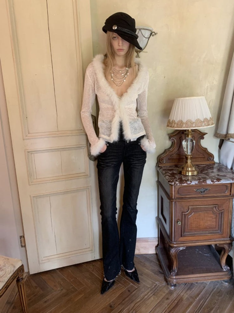 Retro Washed High-Waisted Waist Seal Irregular Brushed Bootcut Jeans【s0000015505】