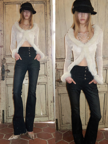 Retro Washed High-Waisted Waist Seal Irregular Brushed Bootcut Jeans【s0000015505】