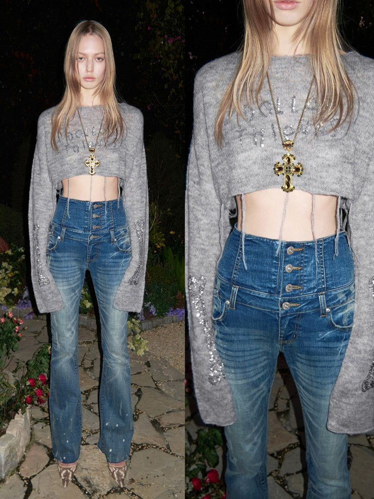 Retro Washed High-Waisted Waist Seal Irregular Brushed Bootcut Jeans【s0000015505】