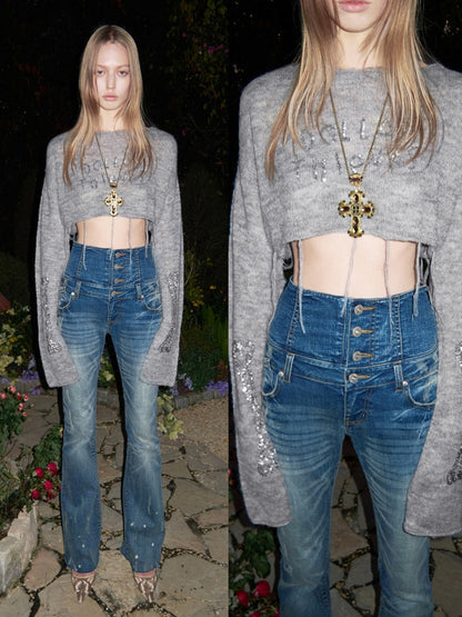 Retro Washed High-Waisted Waist Seal Irregular Brushed Bootcut Jeans【s0000015505】