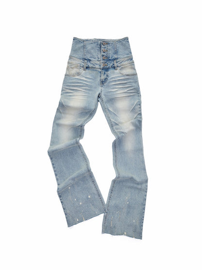 Retro Washed High-Waisted Waist Seal Irregular Brushed Bootcut Jeans【s0000015505】