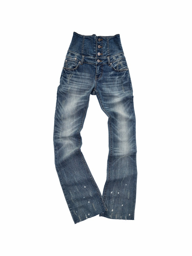 Retro Washed High-Waisted Waist Seal Irregular Brushed Bootcut Jeans【s0000015505】