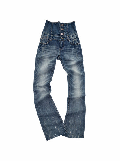 Retro Washed High-Waisted Waist Seal Irregular Brushed Bootcut Jeans【s0000015505】
