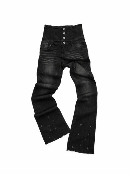 Retro Washed High-Waisted Waist Seal Irregular Brushed Bootcut Jeans【s0000015505】
