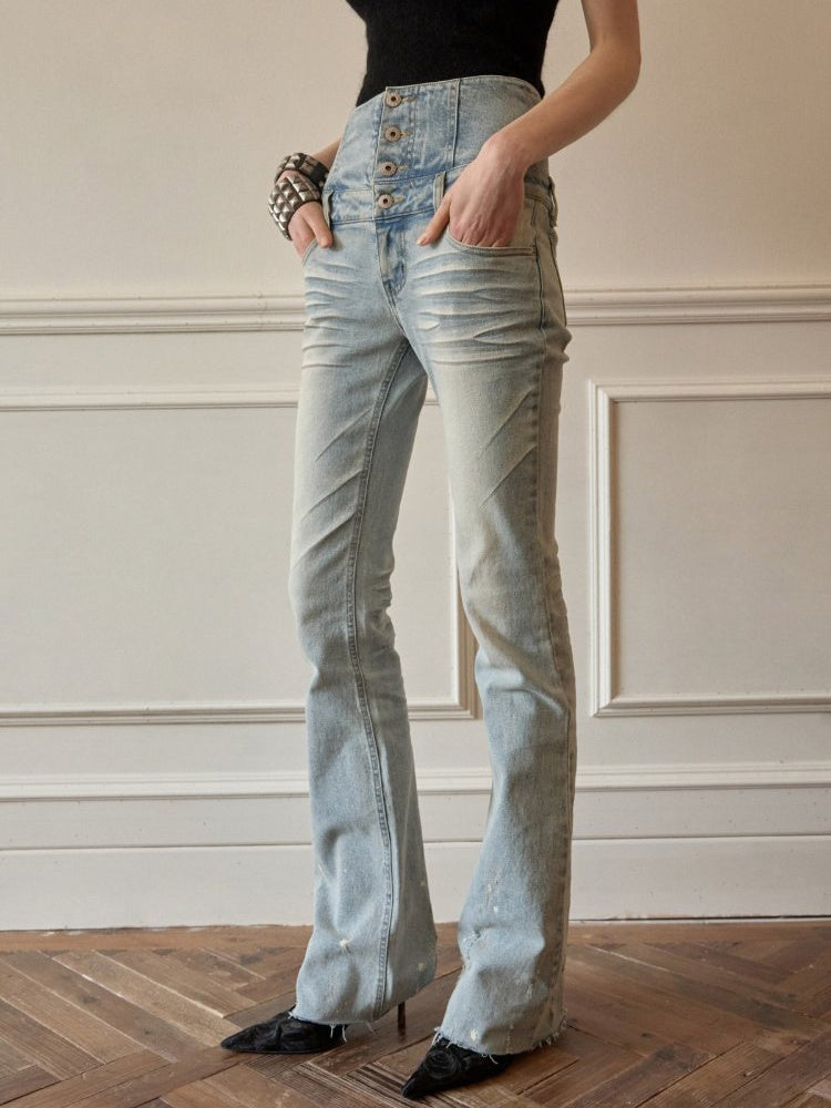 Retro Washed High-Waisted Waist Seal Irregular Brushed Bootcut Jeans【s0000015505】
