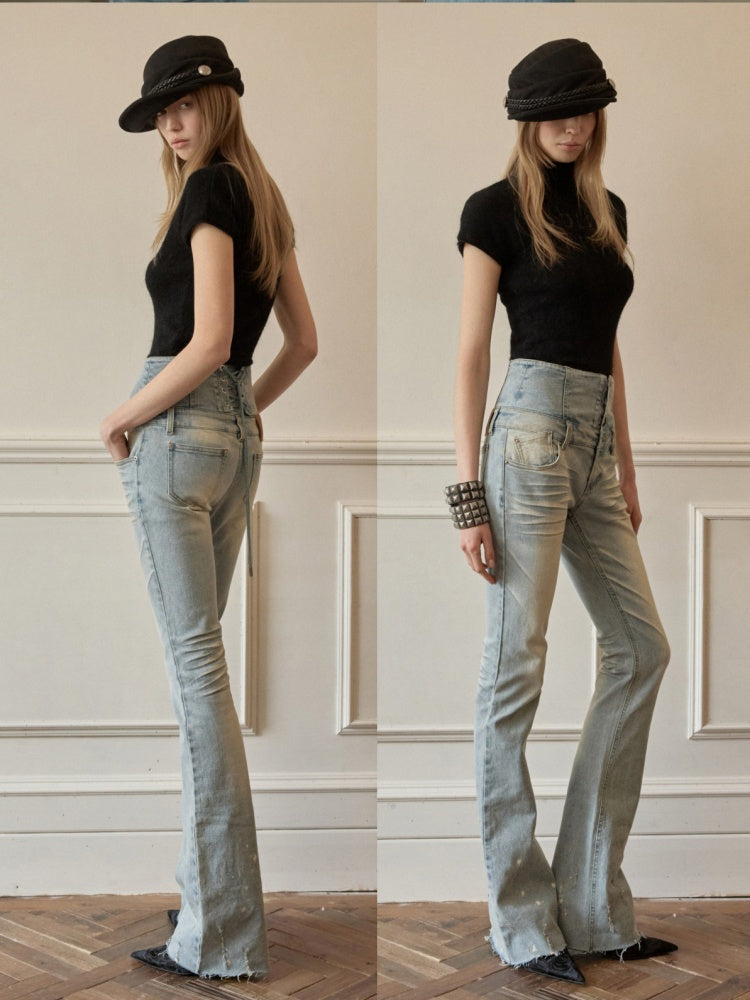 Retro Washed High-Waisted Waist Seal Irregular Brushed Bootcut Jeans【s0000015505】