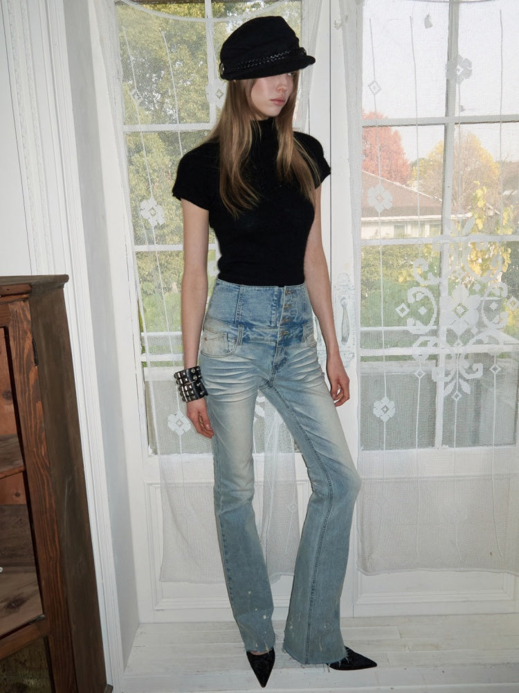 Retro Washed High-Waisted Waist Seal Irregular Brushed Bootcut Jeans【s0000015505】