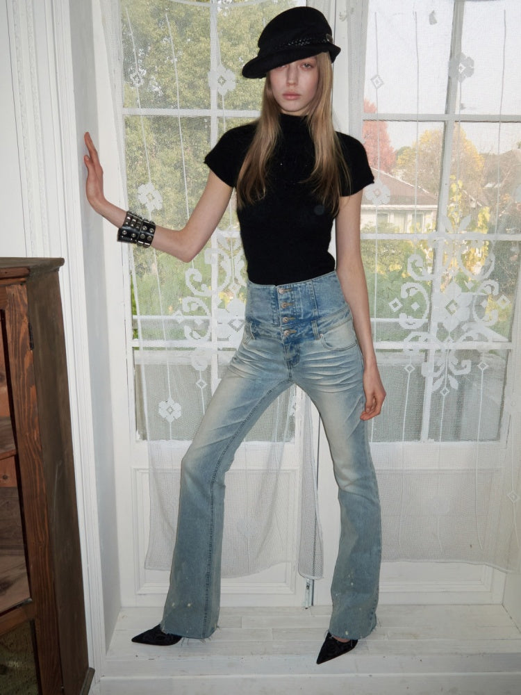 Retro Washed High-Waisted Waist Seal Irregular Brushed Bootcut Jeans【s0000015505】