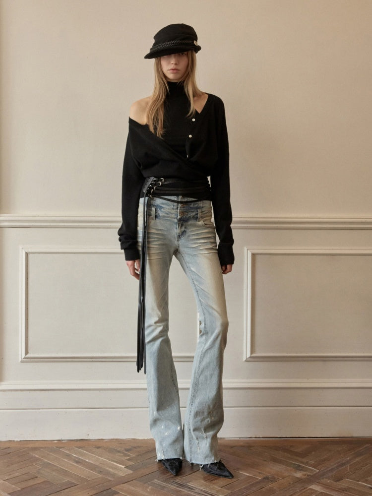 Retro Washed High-Waisted Waist Seal Irregular Brushed Bootcut Jeans【s0000015505】