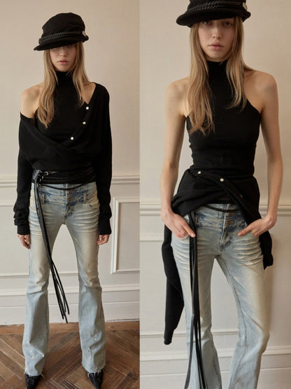 Retro Washed High-Waisted Waist Seal Irregular Brushed Bootcut Jeans【s0000015505】